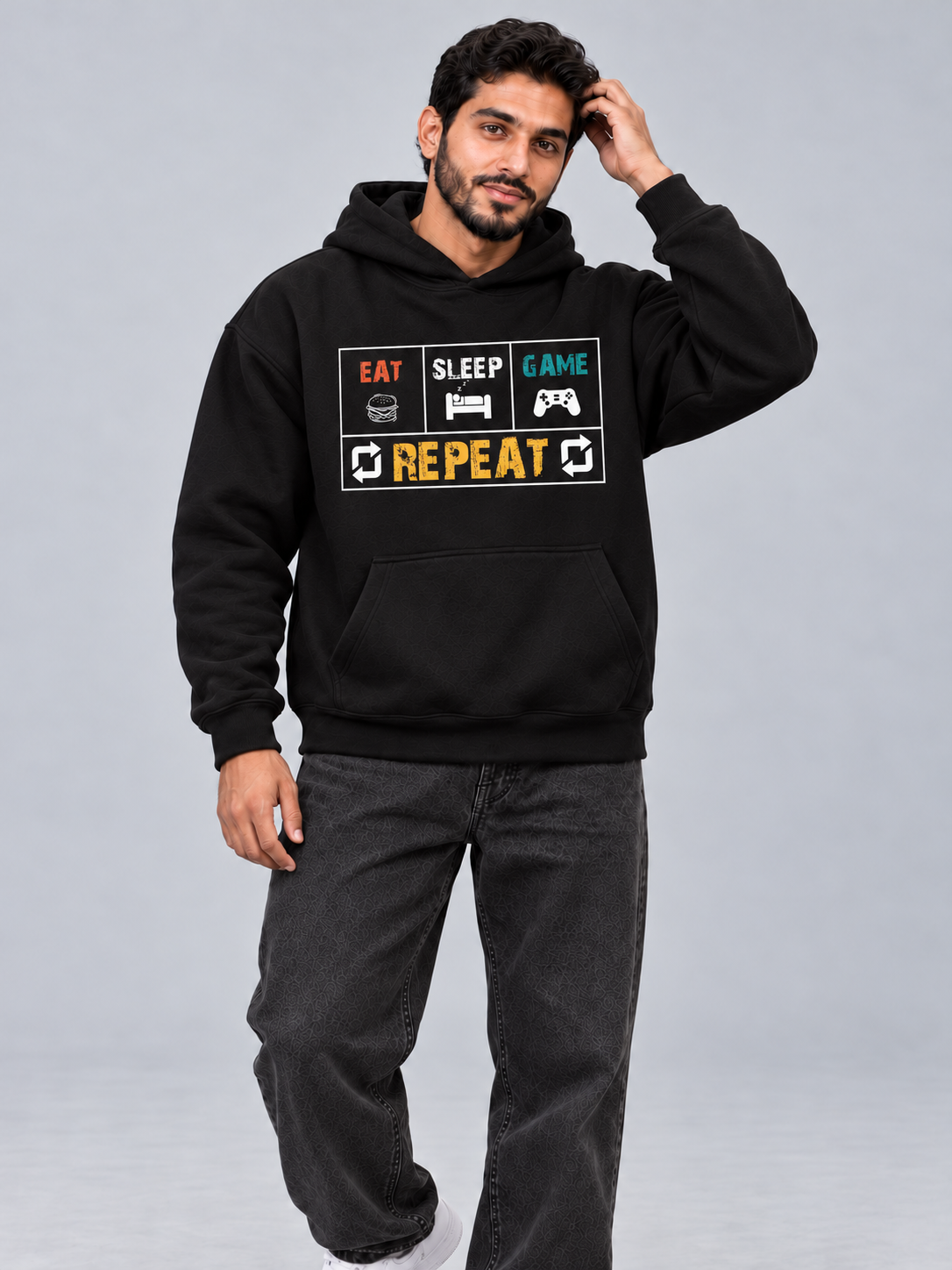 Eat Sleep Game Repeat (Box) Oversized Black Hoodie