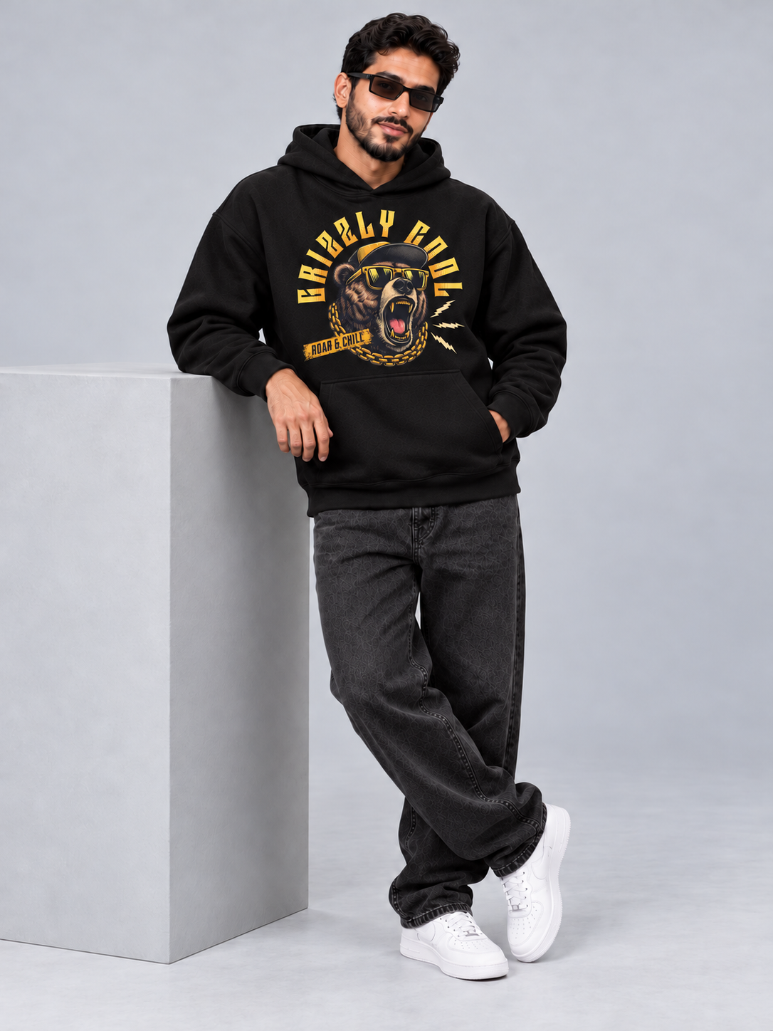 Grizzly Cool Oversized Black Hoodie